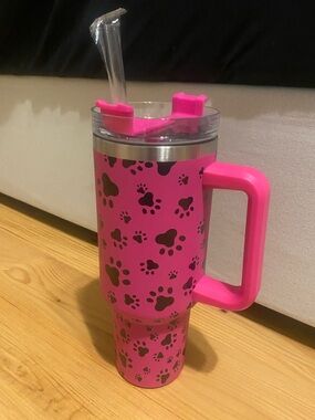 Pink Paw Print Travel Tumbler with Handle